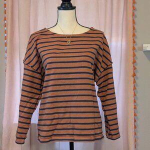 Madewell Striped 3/4 Sleeve Heavy Cotton Tee Sweater Orange Navy Blue Sz XL